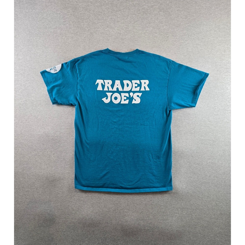 Trader Joe's Shirt Men's L Blue Employee‎ Tee Rare Logo Dots Non Hibiscus